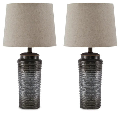 Norbert table lamps, twin dark ribbed ceramic bases with beige fabric shades, 2-pack on Tampa Home & Garden Store