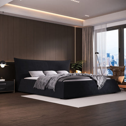 Upholstered platform bed with shaped headboard in dark charcoal fabric HouseOfZazla on Tampa Home & Garden Store