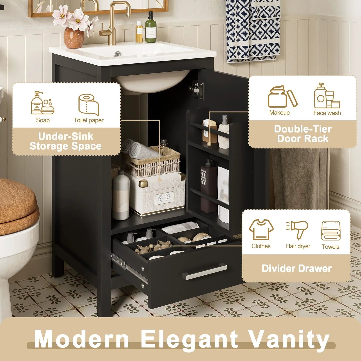 Bathroom Vanity Ceramic Sink and Divider Drawer