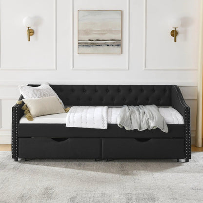 Upholstered tufted daybed with 2 drawers in black, waved arms, by Unique Piece Furniture on Tampa Home & Garden Store
