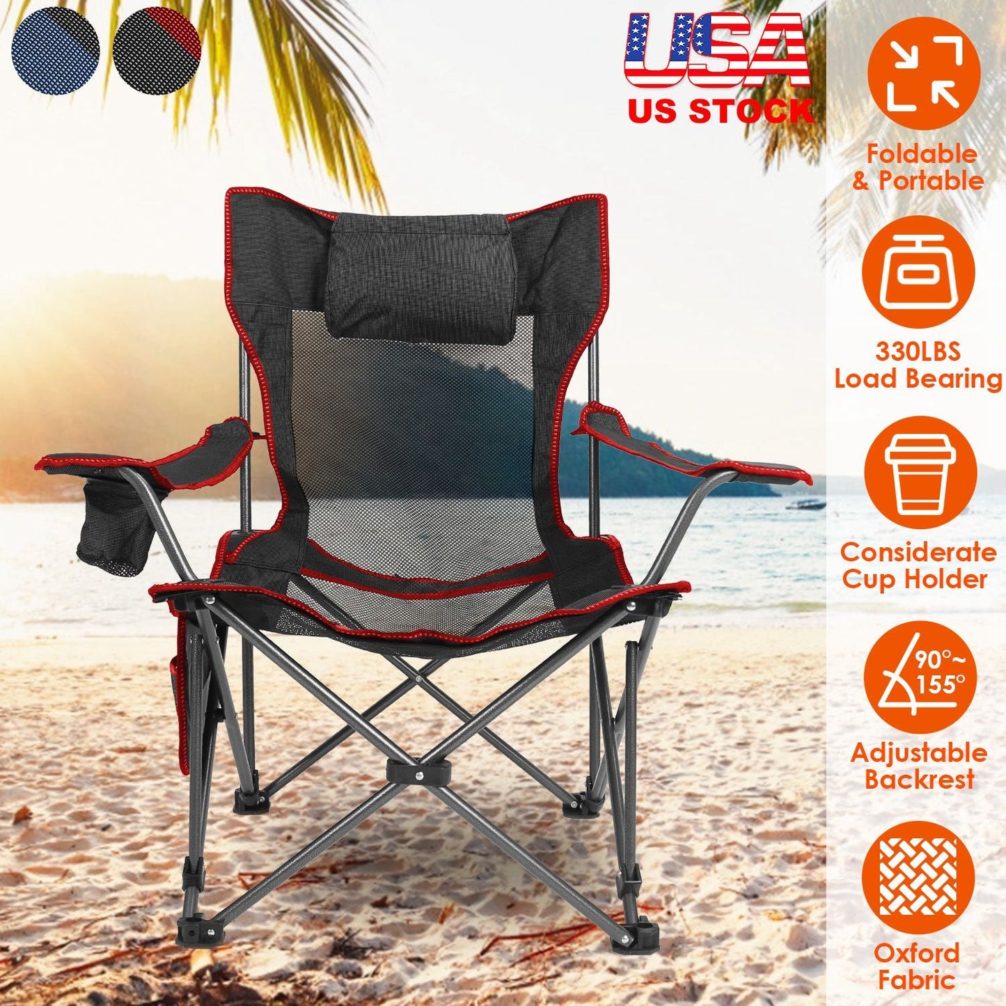 GemGear foldable camping chair with reclining backrest, gray mesh, red trim, cup holder on beach on Tampa Home & Garden Store