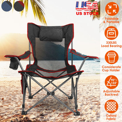 GemGear foldable camping chair with reclining backrest, gray mesh, red trim, cup holder on beach on Tampa Home & Garden Store