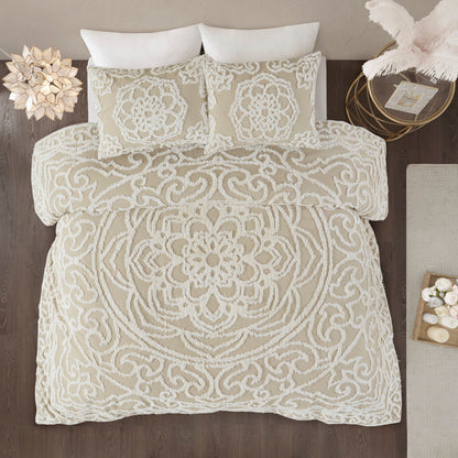 Duvet cover set King/Cal King with 2 shams cotton chenille medallion beige ivory HouseOfZazla on Tampa Home & Garden Store