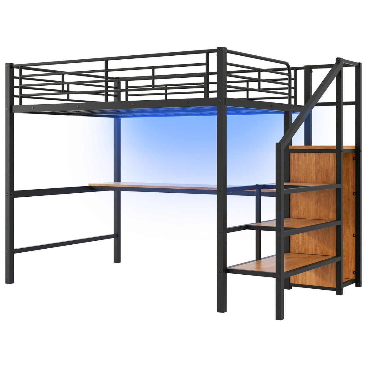 Loft bed with desk, storage stairs and wardrobe in black metal with blue LED on Tampa Home & Garden Store