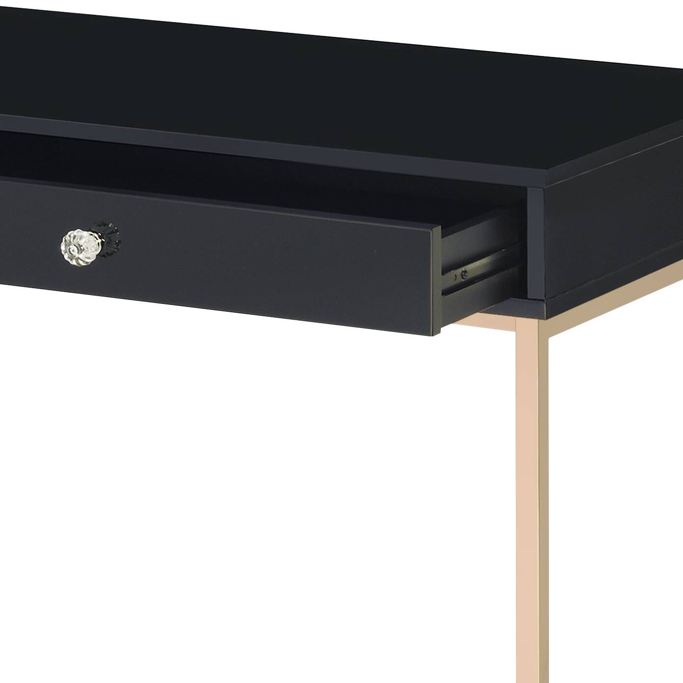 Ottey High Gloss Writing Desk with black finish, crystal knob drawer, gold metal legs on Tampa Home & Garden Store