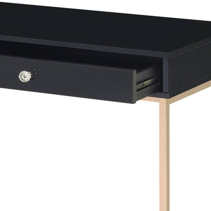Ottey High Gloss Writing Desk with black finish, crystal knob drawer, gold metal legs on Tampa Home & Garden Store