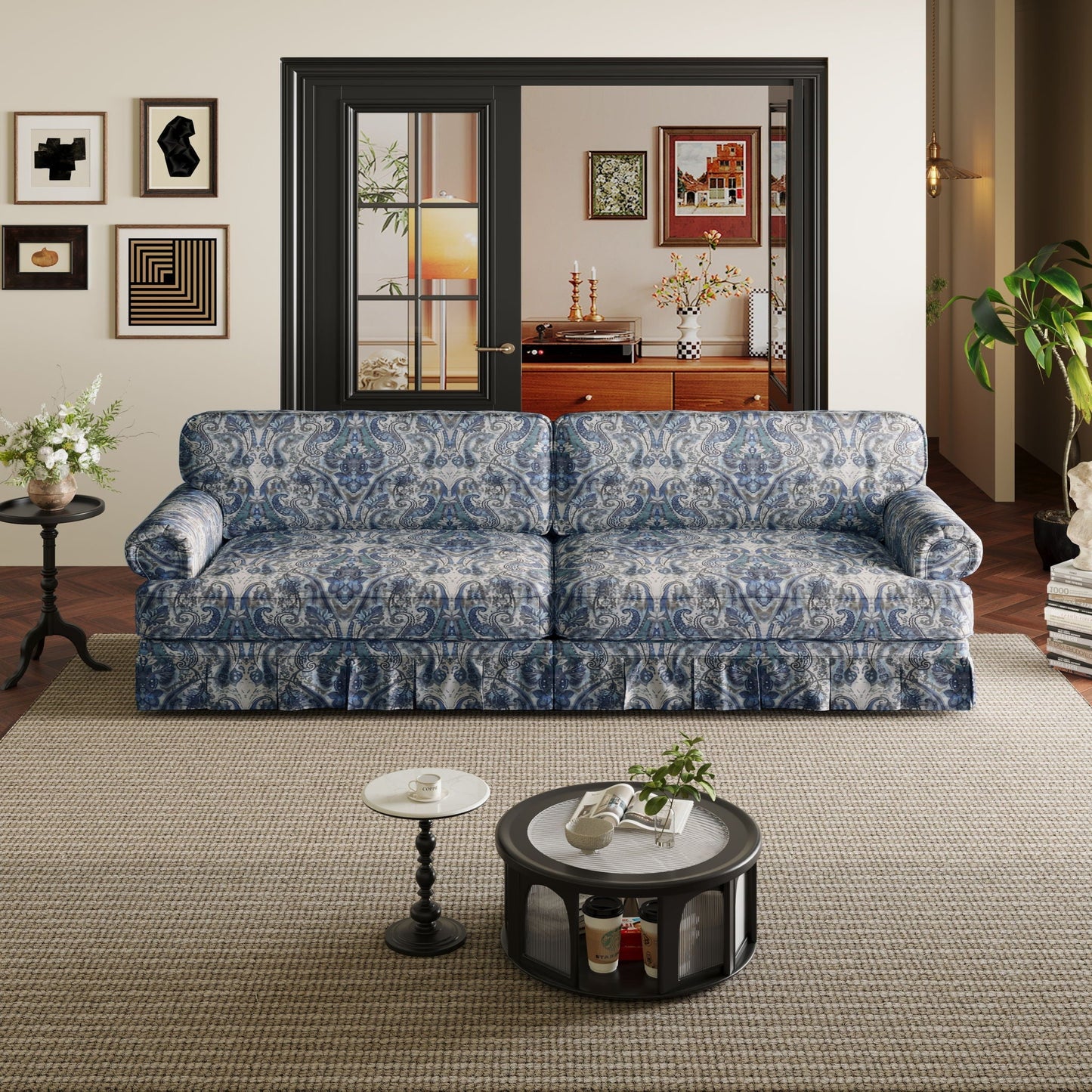 Cloud Couch Sofa by HouseOfZazla in blue damask upholstery with rolled arms and pleated skirt on Tampa Home & Garden Store