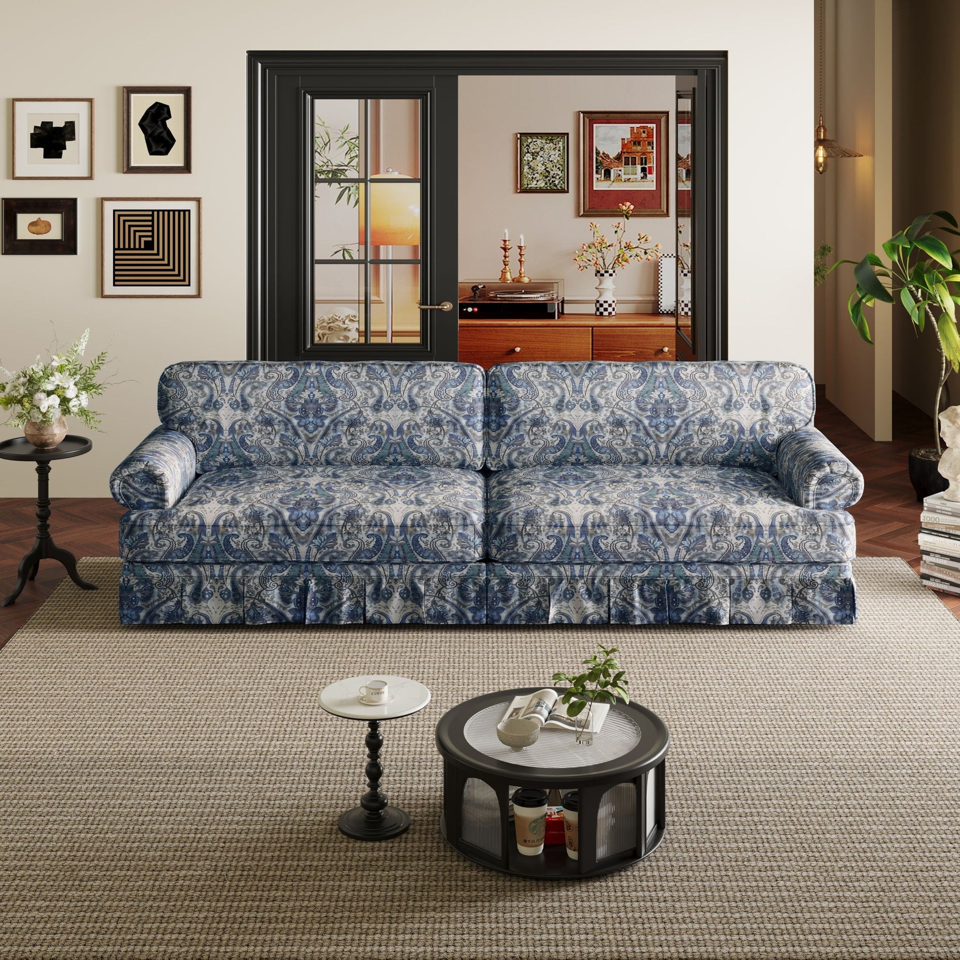 Cloud Couch Sofa by HouseOfZazla in blue damask upholstery with rolled arms and pleated skirt on Tampa Home & Garden Store