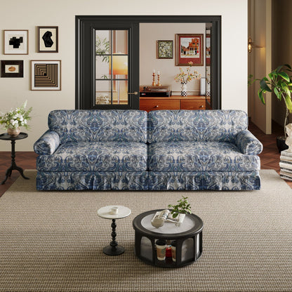 Cloud Couch Sofa by HouseOfZazla in blue damask upholstery with rolled arms and pleated skirt on Tampa Home & Garden Store
