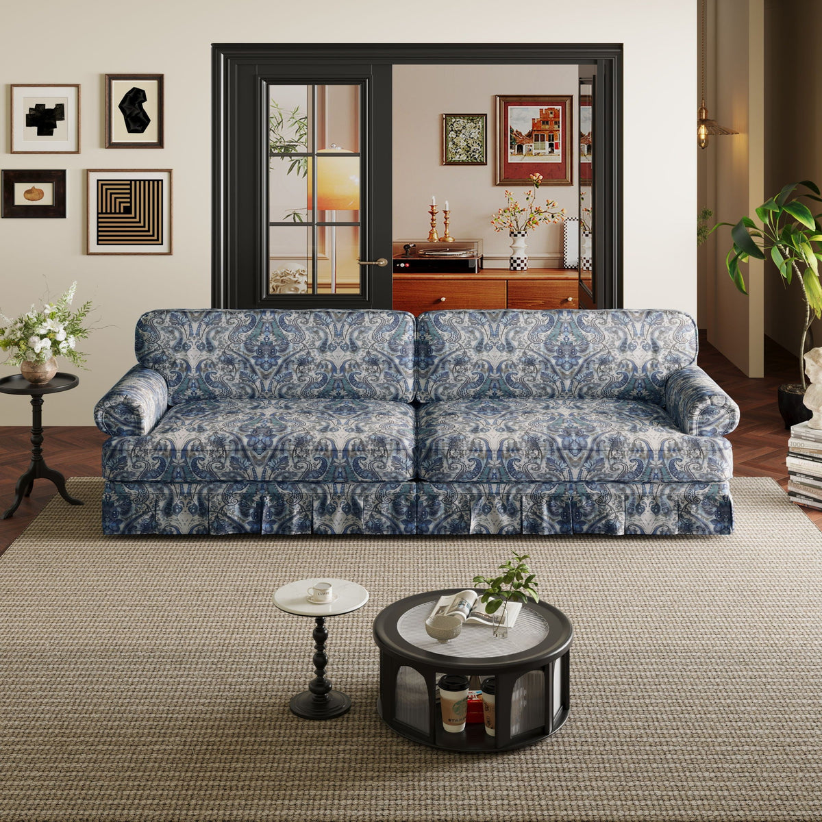 Comfortable Cloud Sofa by HouseOfZazla in blue damask fabric with rolled arms and skirt on Tampa Home & Garden Store