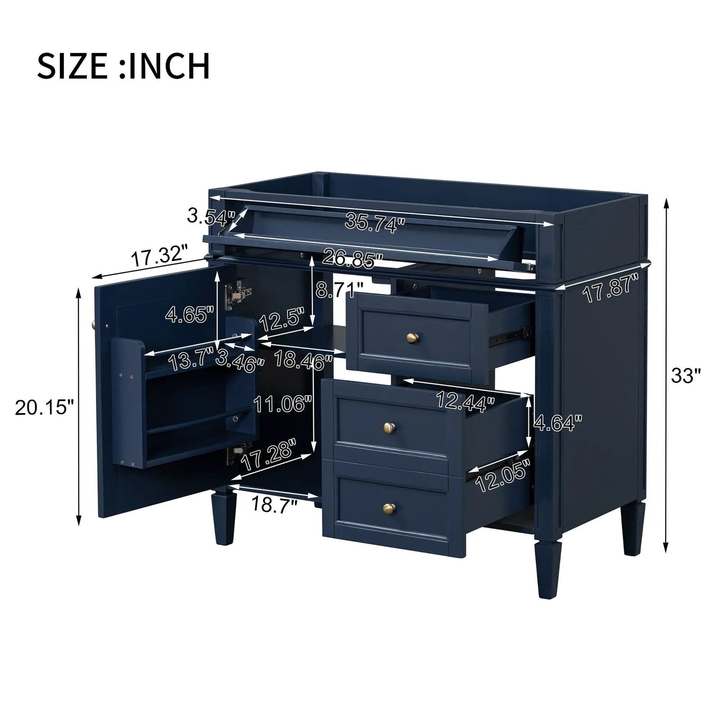 Bathroom vanity with 2 drawers and tip-out storage, navy blue finish by Unique Piece Furniture on Tampa Home & Garden Store