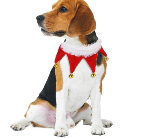 Pet Zen Christmas dog costume cloak with red triangular cape, white faux fur trim and bells on Tampa Home & Garden Store