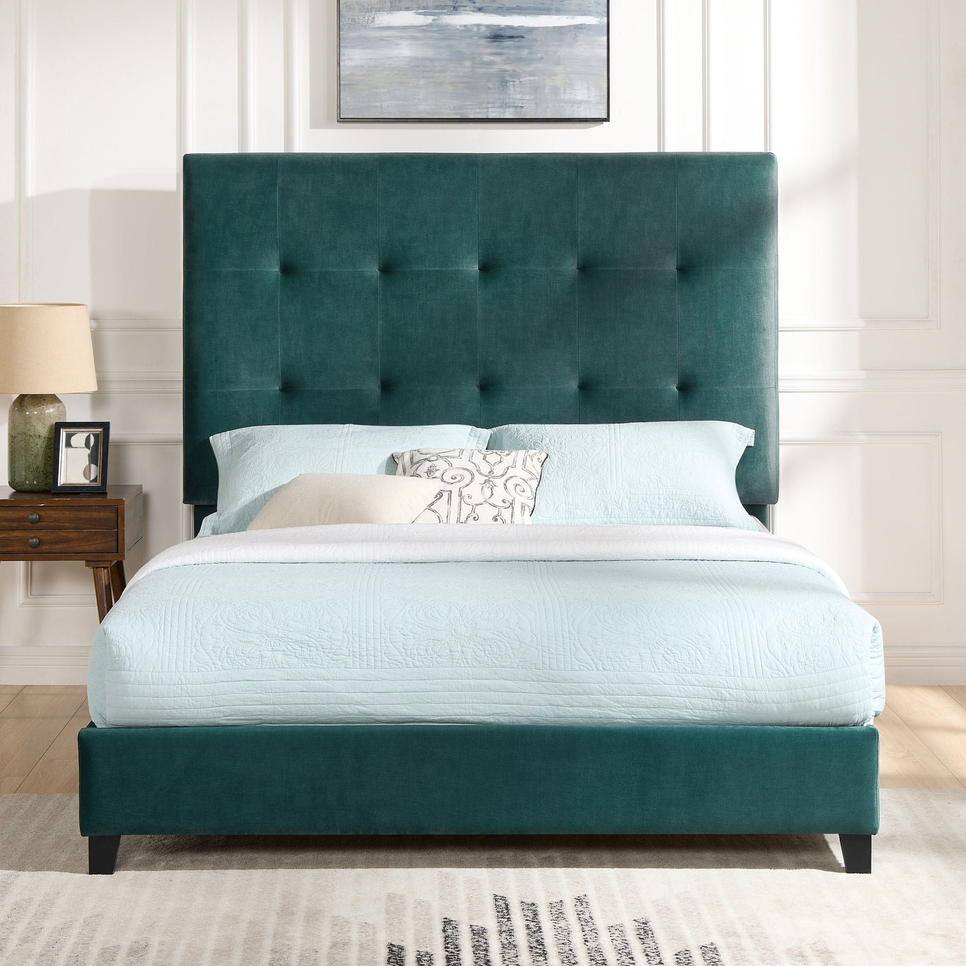 Tufted upholstered headboard platform bed in teal velvet with a paneled white wall backdrop on Tampa Home & Garden Store
