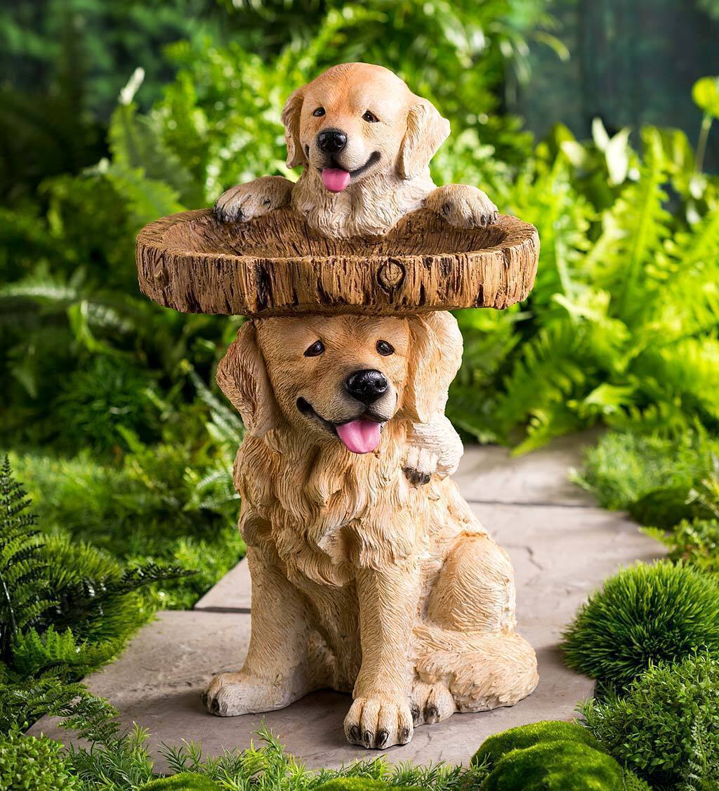 Garden decor resin dog statue pair with a faux wood ring on top in beige by Sell My Stuff on Tampa Home & Garden Store
