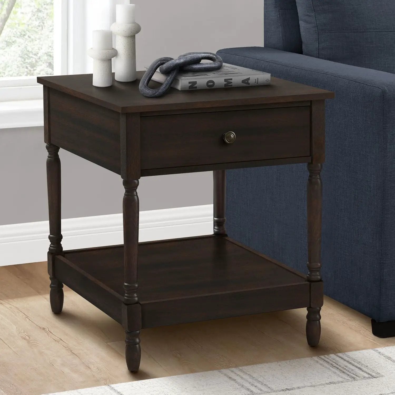 Accent Table 2-Tier square walnut end table with drawer and turned legs, two white candles on Tampa Home & Garden Store