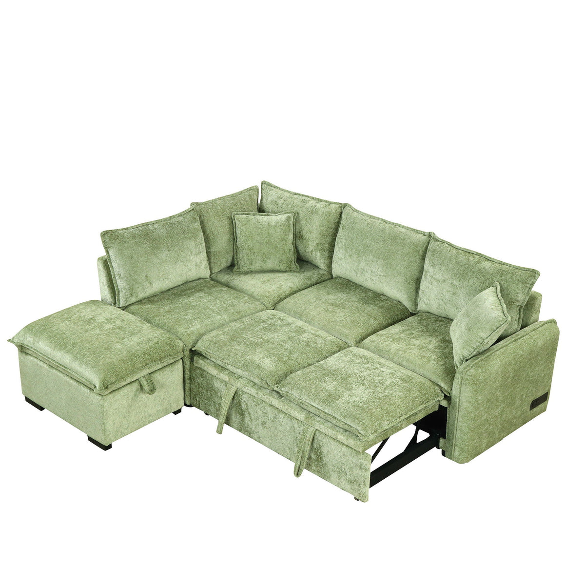 HouseOfZazla green fabric sleeper sectional with storage ottoman, 2 pillows, 2 USB ports on Tampa Home & Garden Store