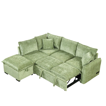 HouseOfZazla green fabric sleeper sectional with storage ottoman, 2 pillows, 2 USB ports on Tampa Home & Garden Store