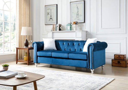 Raisa - Sofa: blue velvet stationary sofa with tufted back and nailhead trim by HouseOfZazla on Tampa Home & Garden Store
