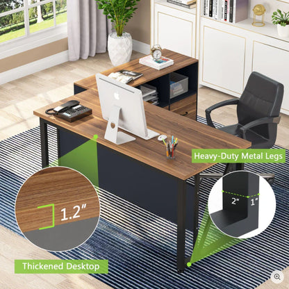Brown L-shaped executive desk with black metal legs and built-in storage in a home office on Tampa Home & Garden Store