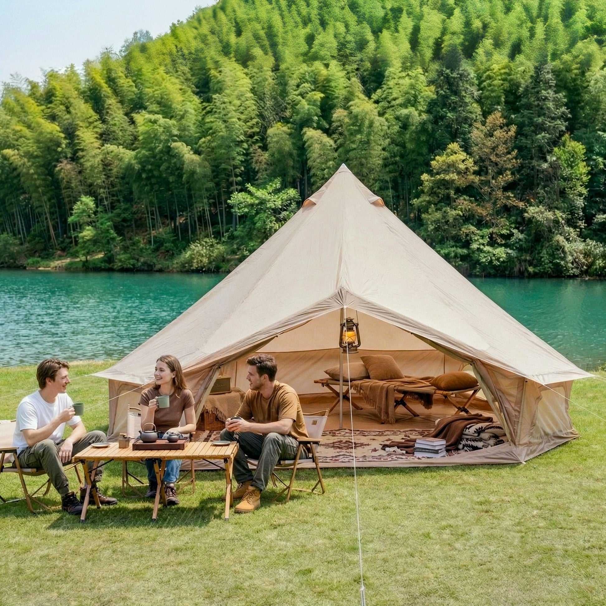 4 Season Bell Tent 16.4FT beige tent by HouseOfZazla with open front and cozy lakeside seating on Tampa Home & Garden Store