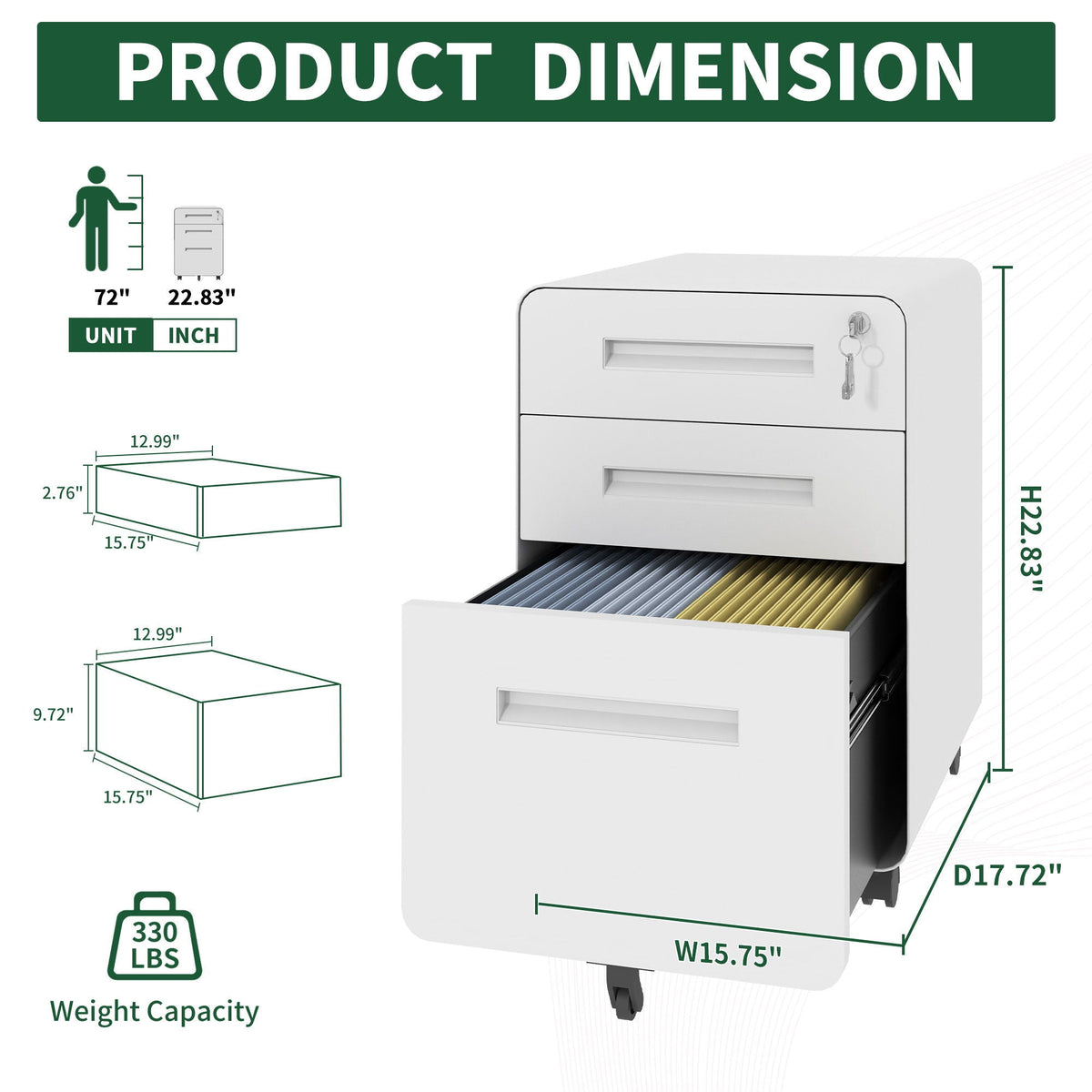 3-Drawer Mobile File Cabinet with Lock and Casters - White, HouseOfZazla on Tampa Home & Garden Store