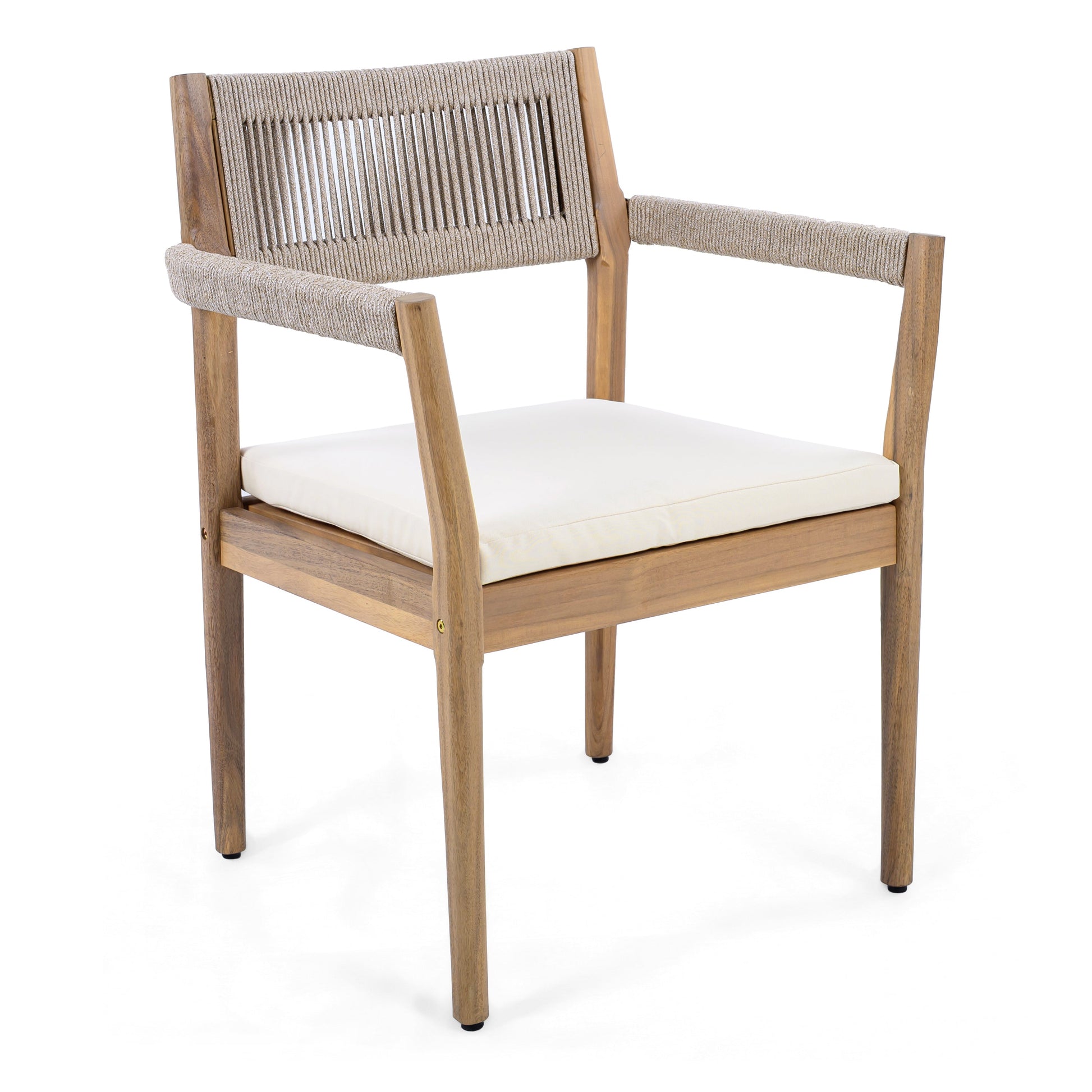Braided acacia wood outdoor dining chair with teak-look frame, beige rope weave, cream cushion on Tampa Home & Garden Store