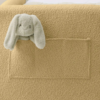 Cute rabbit-ear upholstered platform bed frame with safety rail in beige fabric on Tampa Home & Garden Store