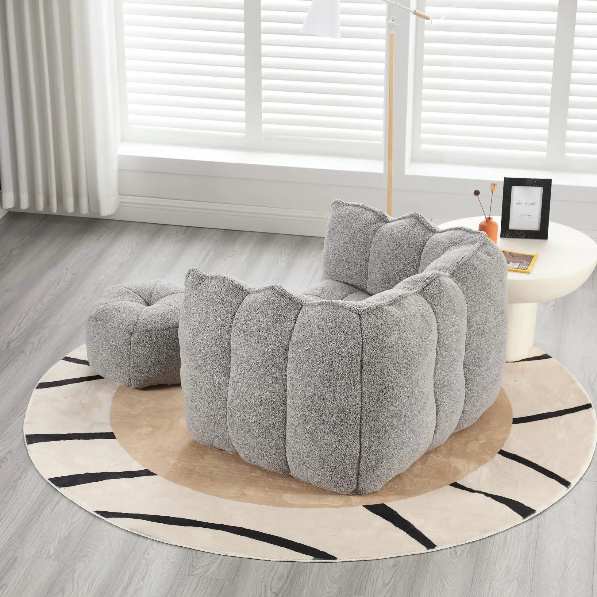 Soft bean bag chair with high resilient foam and ottoman in gray plush fabric tufted on Tampa Home & Garden Store