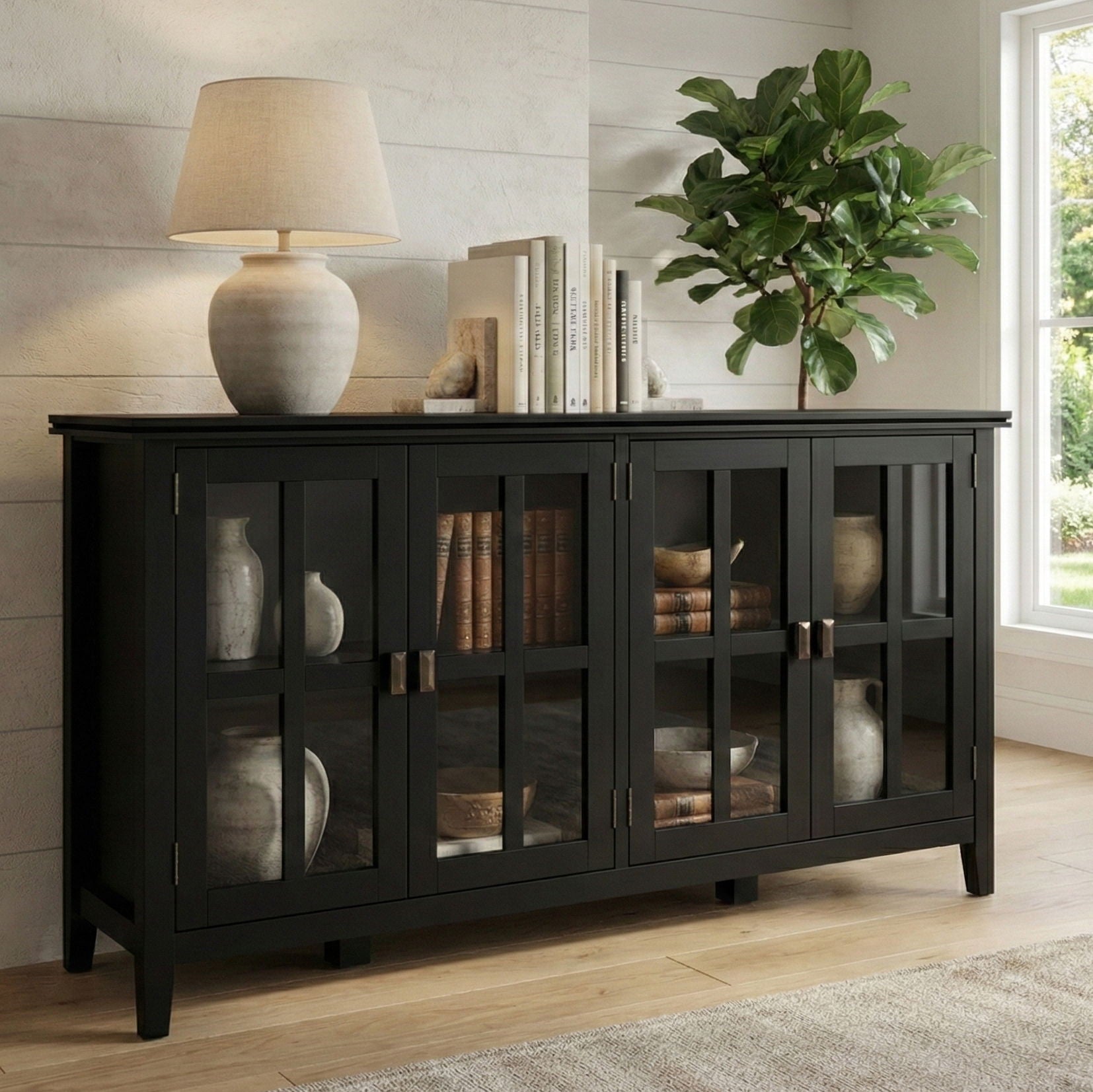 Artisan Handcrafted Wide 4-Door Storage Cabinet in black wood with glass doors by HouseOfZazla on Tampa Home & Garden Store