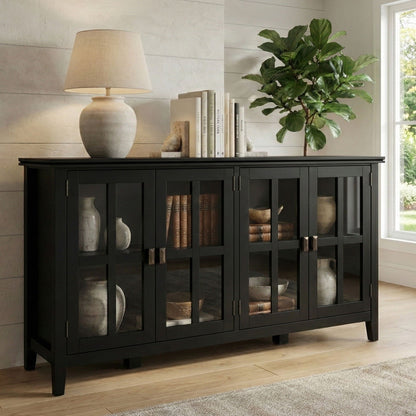 Artisan Handcrafted Wide 4-Door Storage Cabinet in black wood with glass doors by HouseOfZazla on Tampa Home & Garden Store