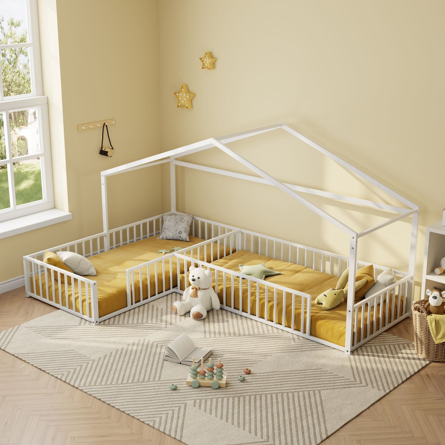 L-shaped Montessori bed for 2 kids with fence, white metal frame HouseOfZazla Canopy Beds on Tampa Home & Garden Store