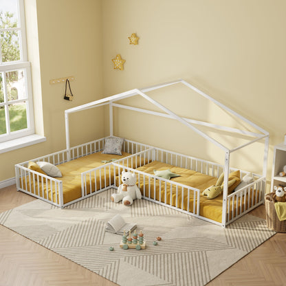 L-shaped Montessori bed for 2 kids with fence, white metal frame HouseOfZazla Canopy Beds on Tampa Home & Garden Store