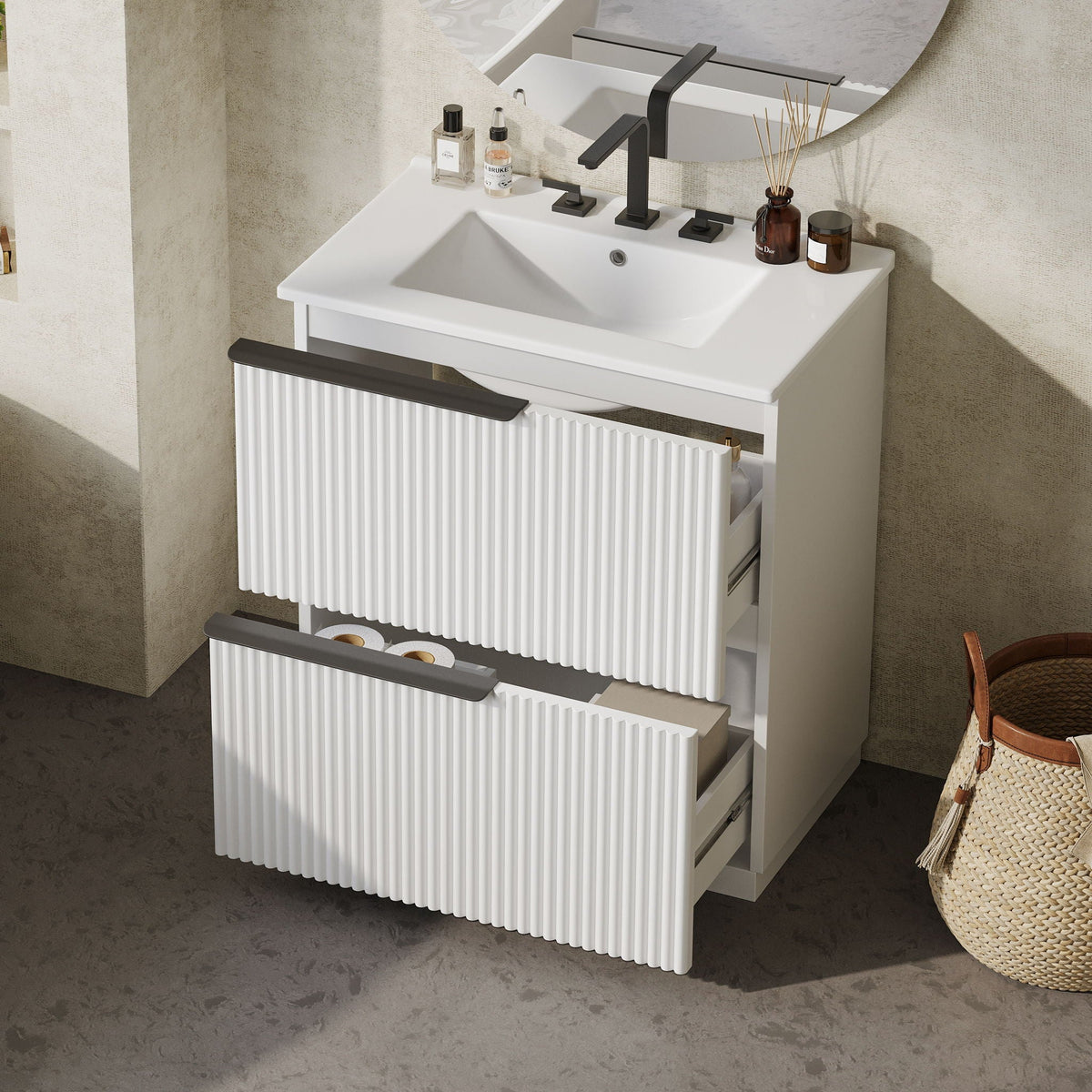 Fluted bathroom vanity with ceramic sink unit, white cabinet and black faucet by HouseOfZazla on Tampa Home & Garden Store