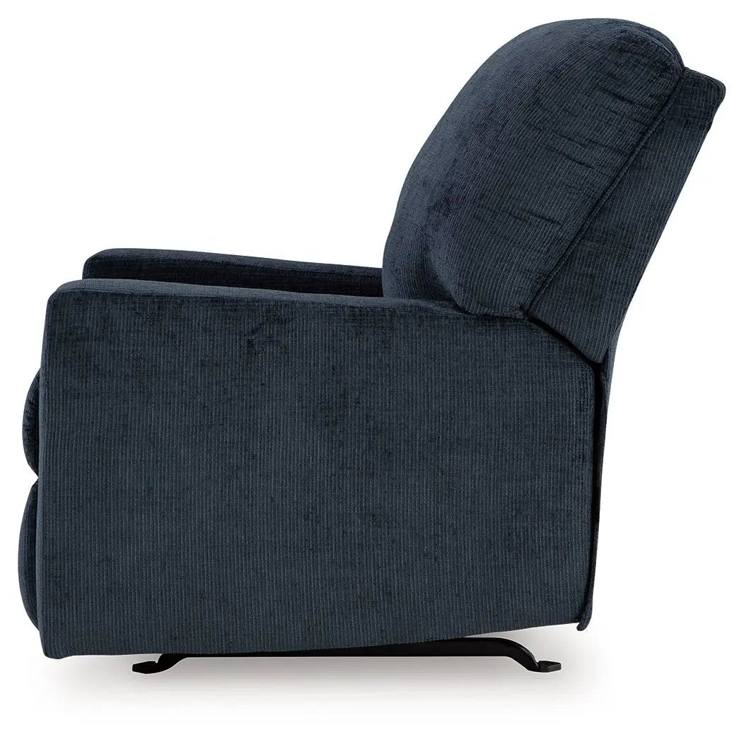Aviemore Rocker Recliner in deep blue corduroy with plush back and armrests, metal rocker base on Tampa Home & Garden Store