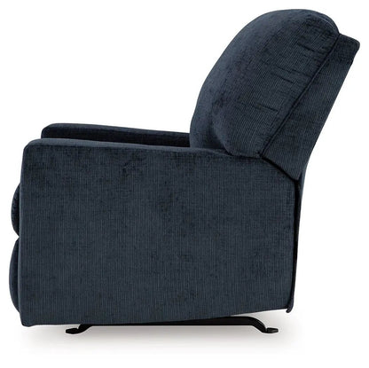 Aviemore Rocker Recliner in deep blue corduroy with plush back and armrests, metal rocker base on Tampa Home & Garden Store