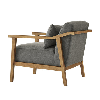 Arm accent chair with lumbar pillow in dark gray fabric and oak wood frame on Tampa Home & Garden Store