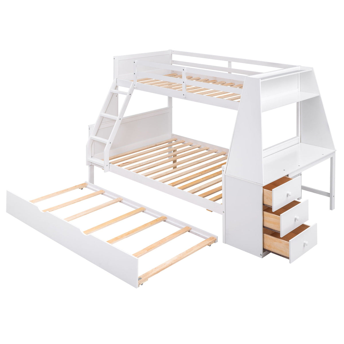 Bunk Bed With Trundle And Built In Desk, white finish, 3 storage drawers and shelf, ladder on Tampa Home & Garden Store