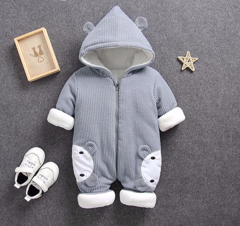 Stevvex baby jumpsuit snowsuit in grey knit with hood, white cuffs; knee patches on knees on Tampa Home & Garden Store