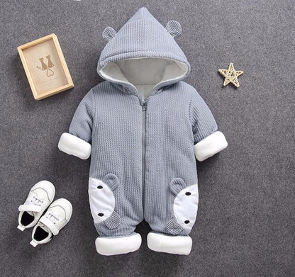 Stevvex baby jumpsuit snowsuit in grey knit with hood, white cuffs; knee patches on knees on Tampa Home & Garden Store