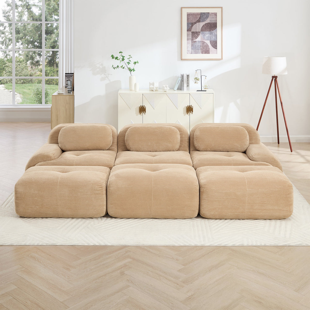 Three-seat modular sofa with 3 camel ottomans in ribbed fabric by HouseOfZazla on Tampa Home & Garden Store