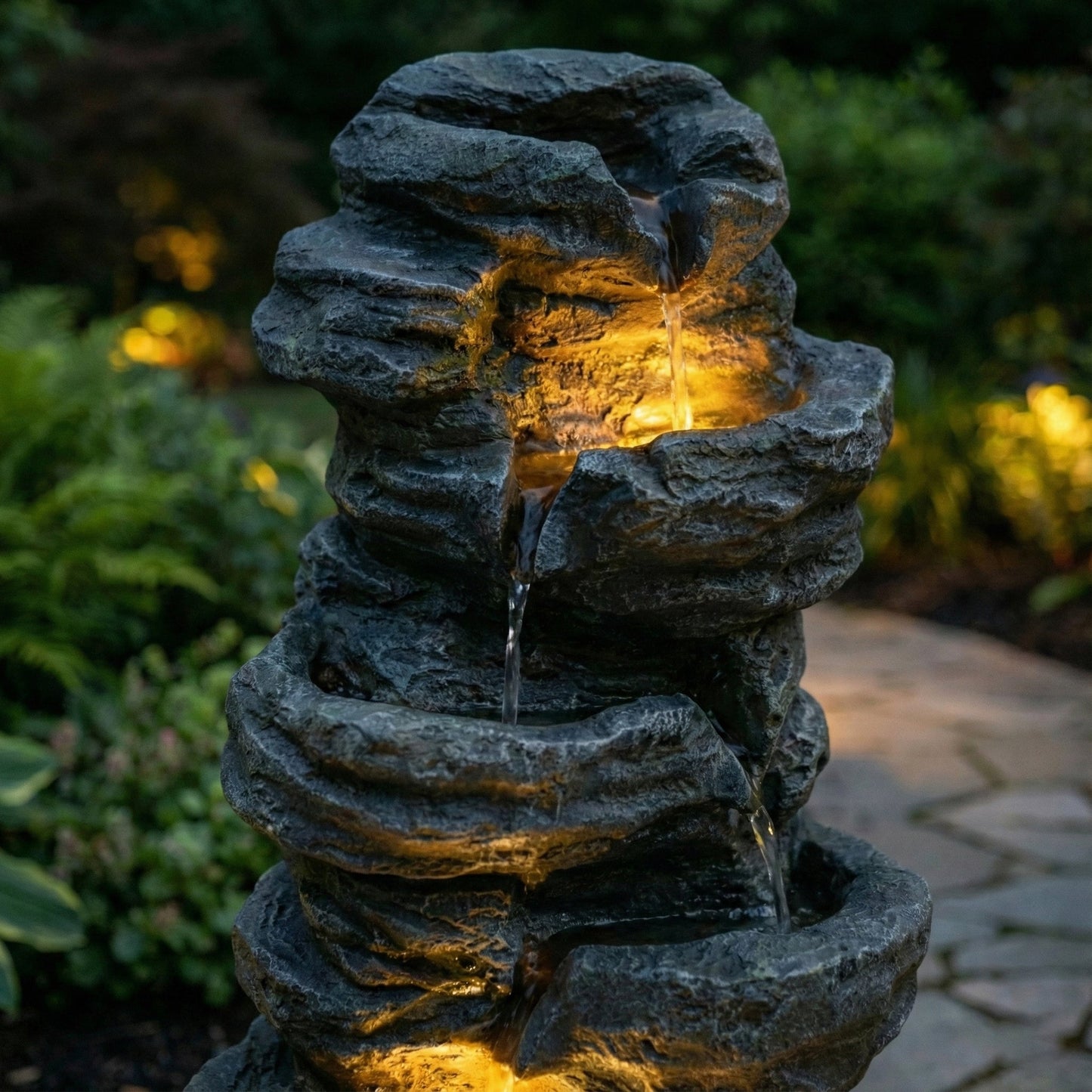 6-Tier Outdoor Cascading Stone Water Fountain with 3 LED Lights, warm glow on Tampa Home & Garden Store