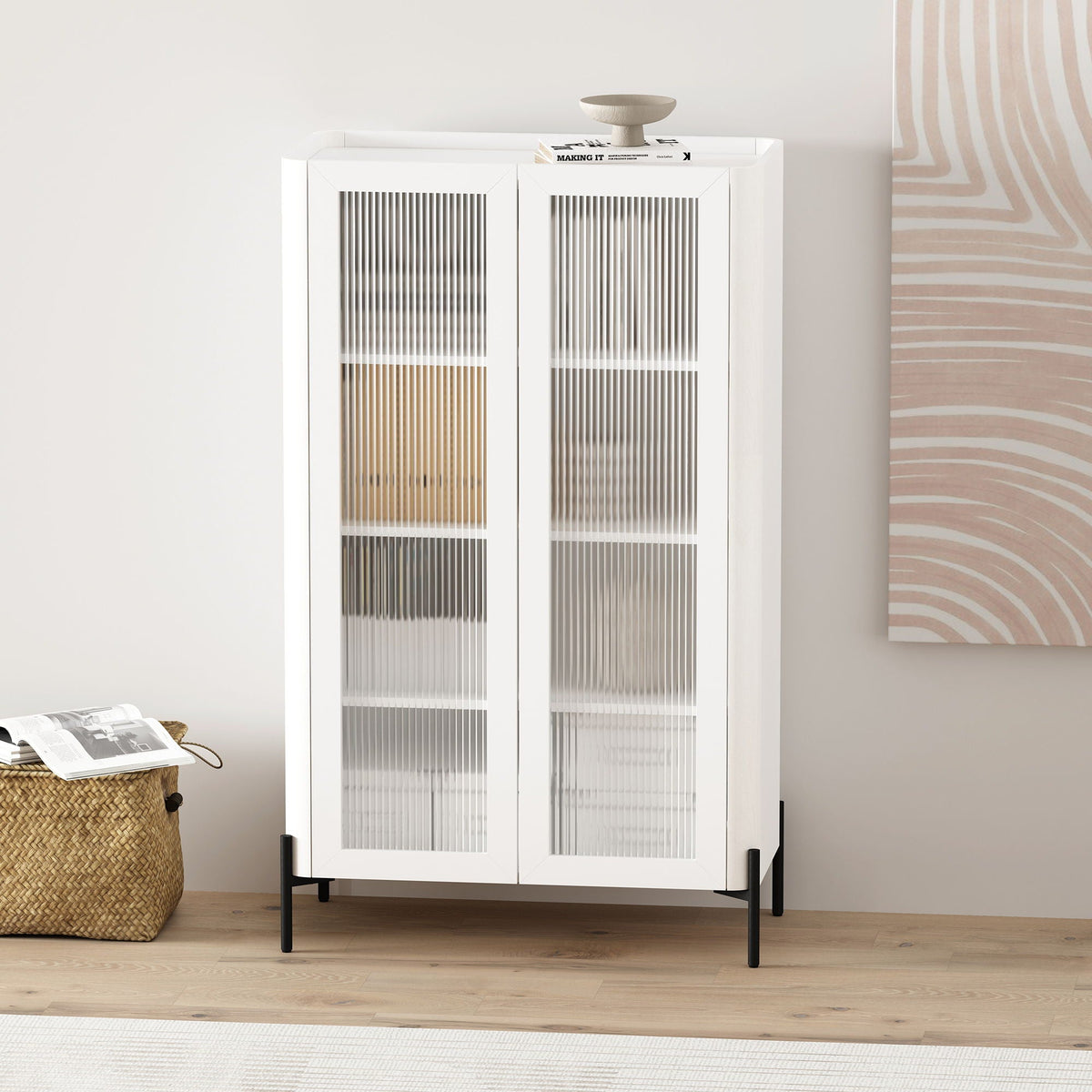 Abbey Bookcase Cabinet with Ribbed Glass Doors white finish adjustable shelves modern on Tampa Home & Garden Store