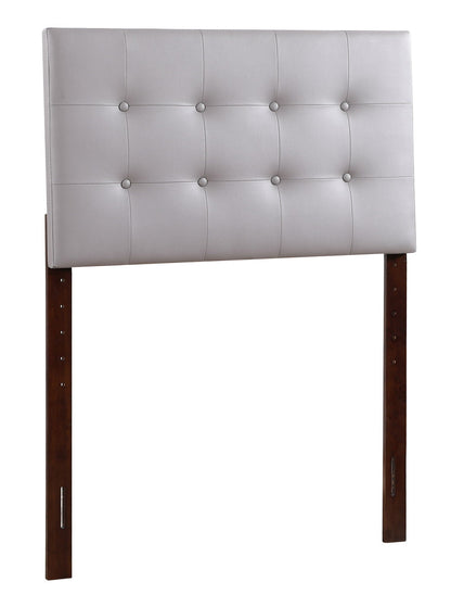 Upholstered headboard with adjustable height in light gray fabric, tufted, dark wood legs on Tampa Home & Garden Store