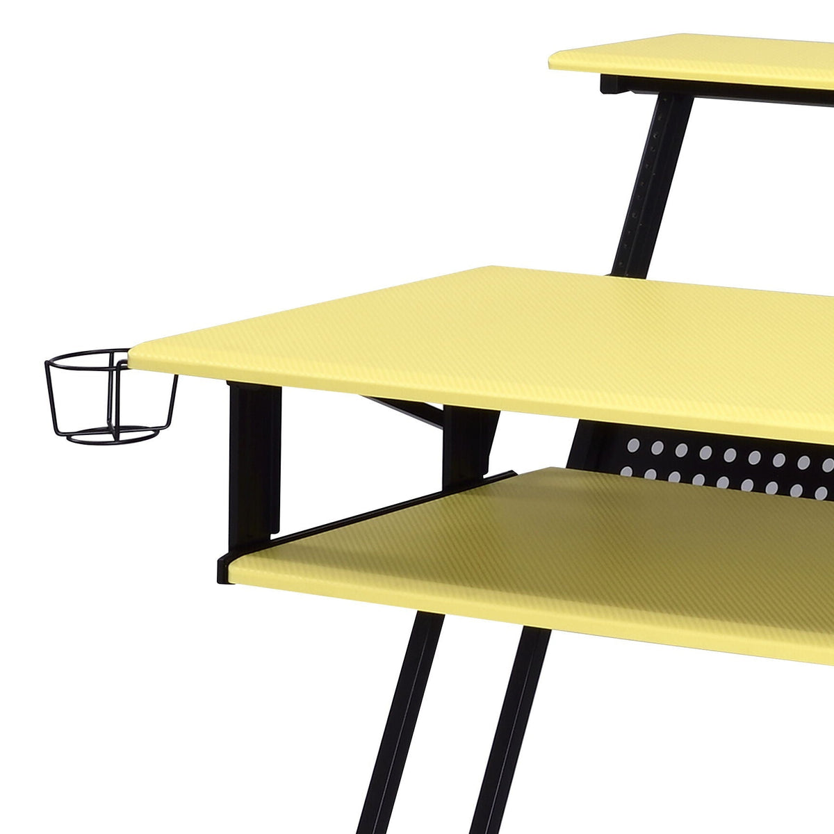 Music recording studio desk with yellow top, black frame and cable management basket on Tampa Home & Garden Store