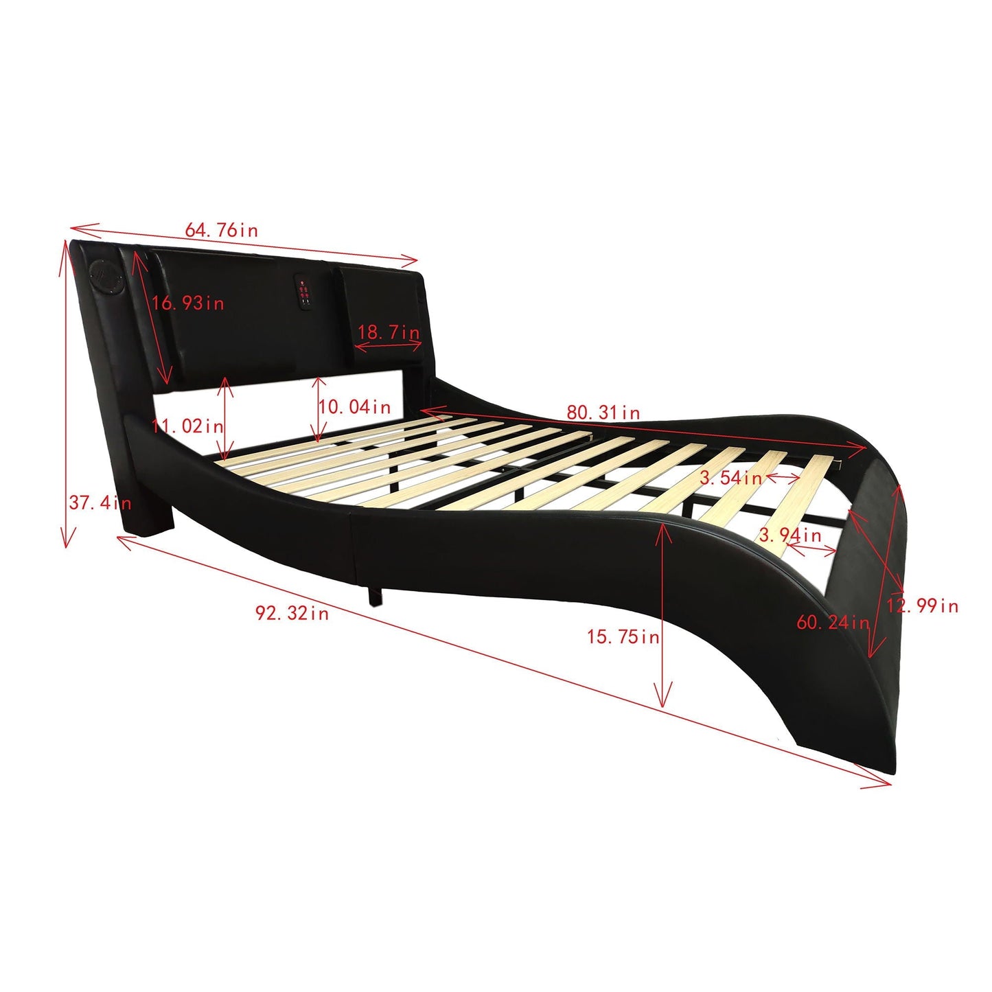 Platform bed frame black upholstered with built in LED control panel and slatted base on Tampa Home & Garden Store