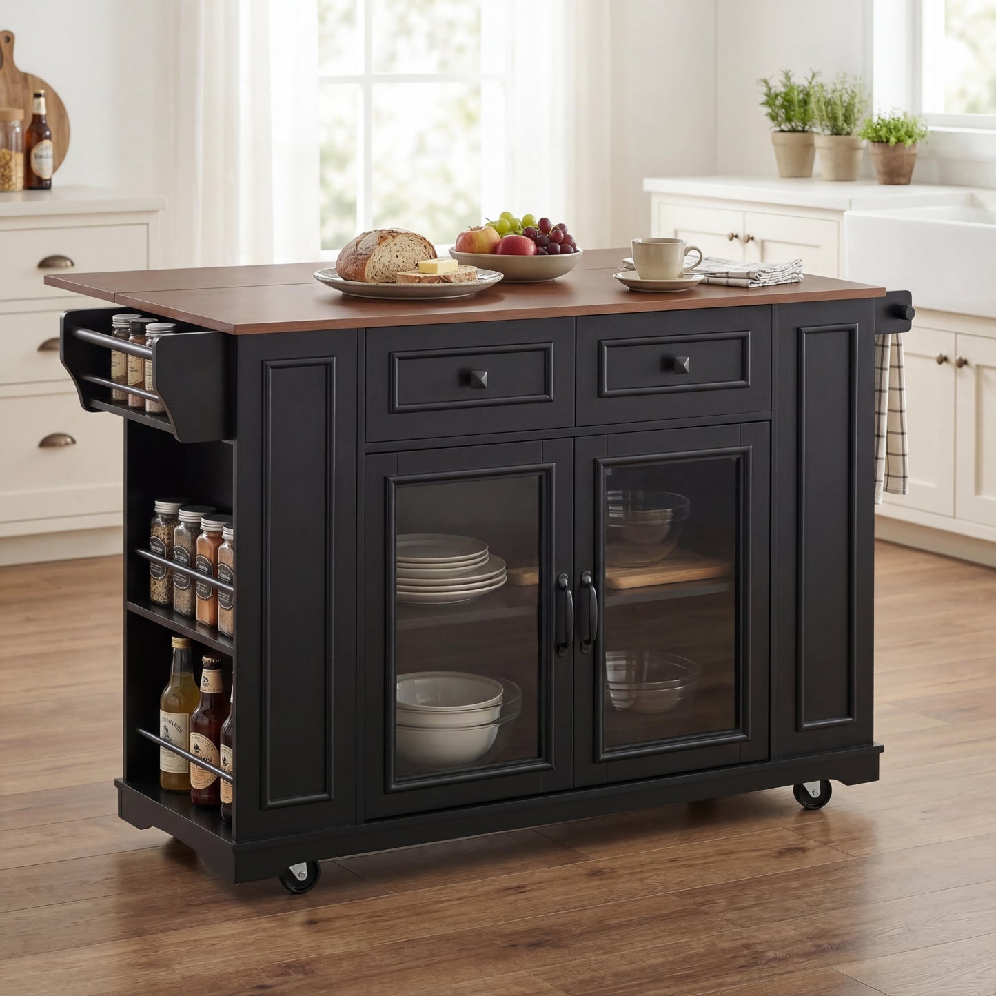 Mobile Kitchen Island with Glass Door and Outlet