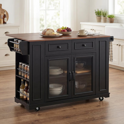 Mobile Kitchen Island with Glass Door and Outlet