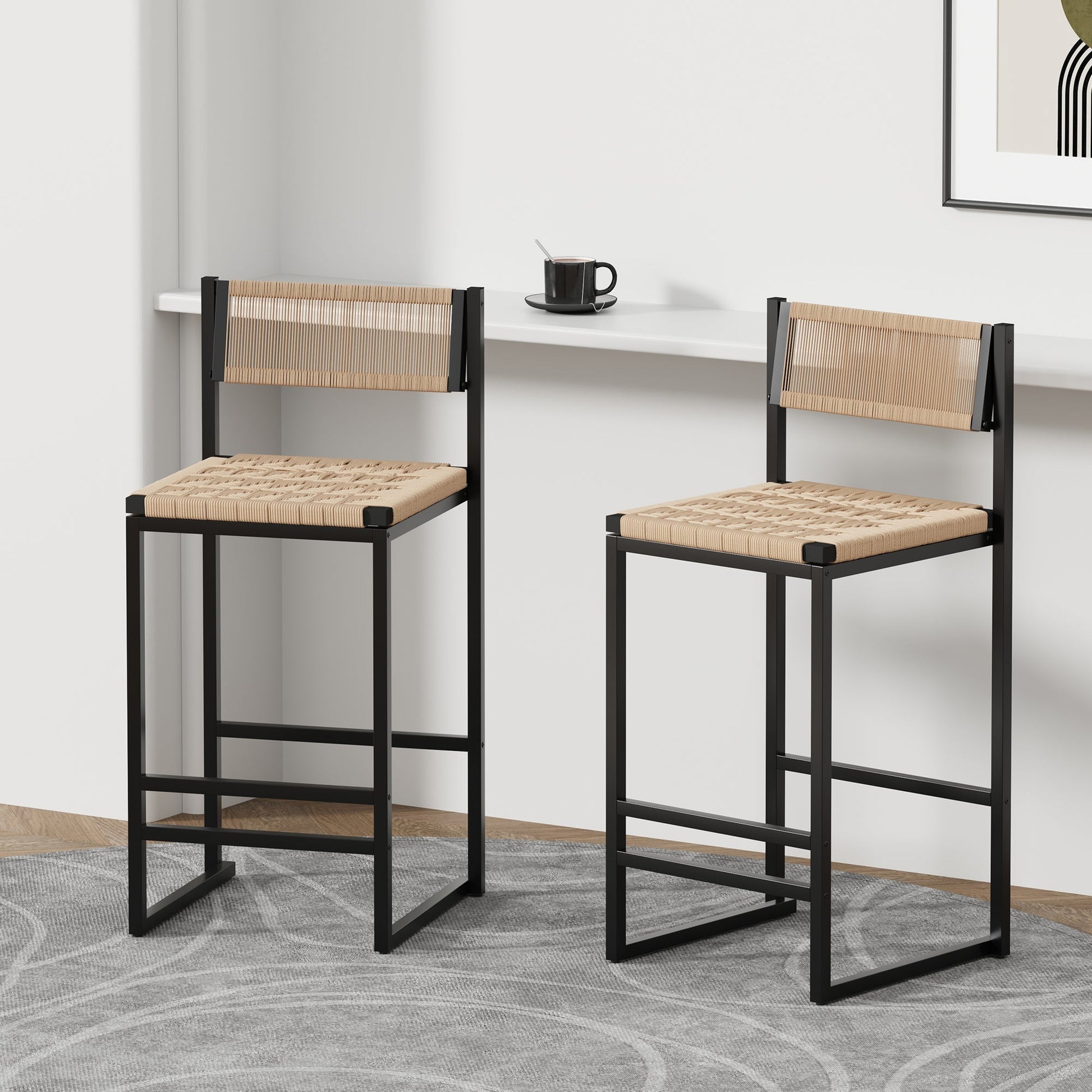 Bar stools set of 2 by HouseOfZazla with black metal frames and beige paper rope weave seats on Tampa Home & Garden Store