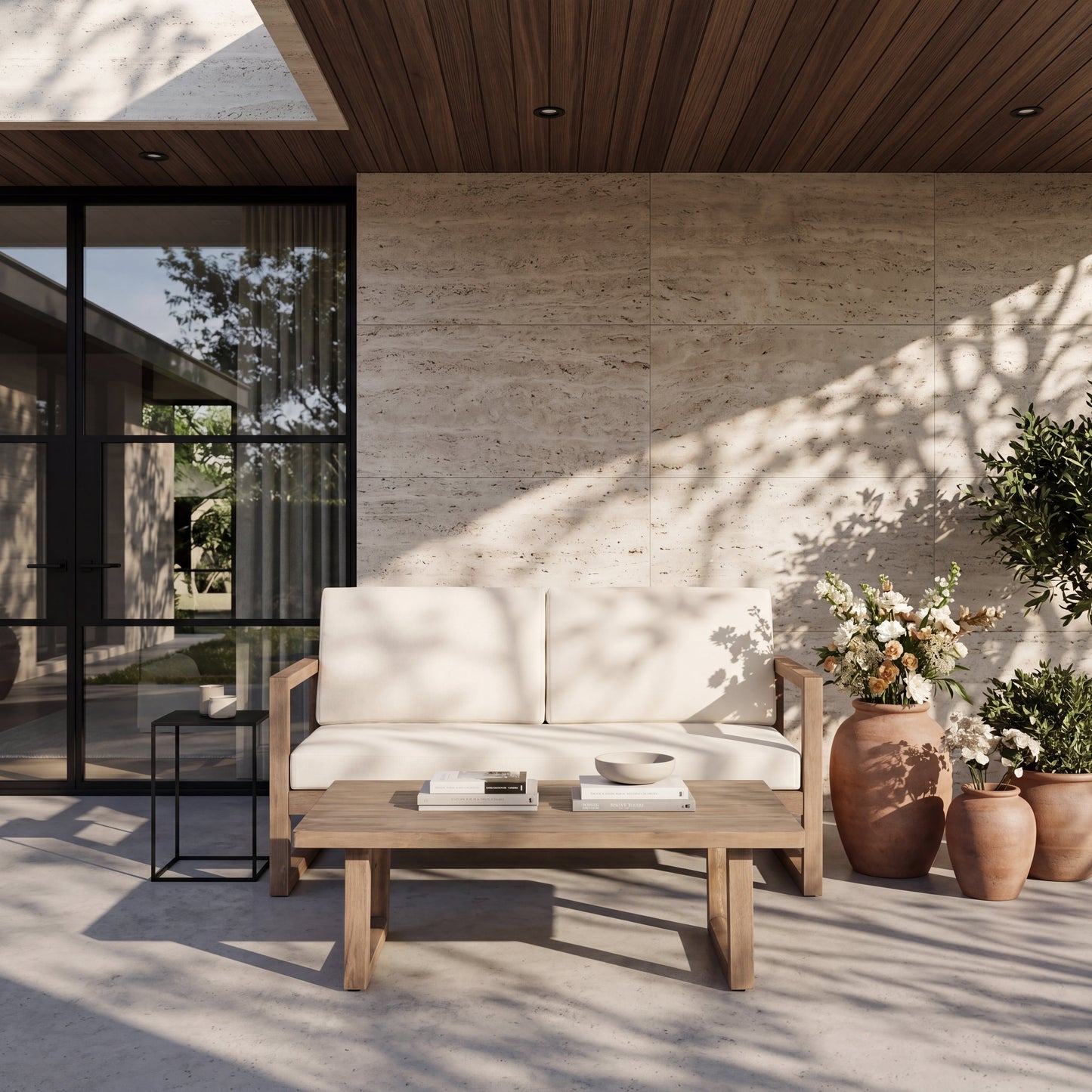 Outdoor Acacia Wood Loveseat and Coffee Table Set with Cushions by HouseOfZazla on a sunny patio on Tampa Home & Garden Store