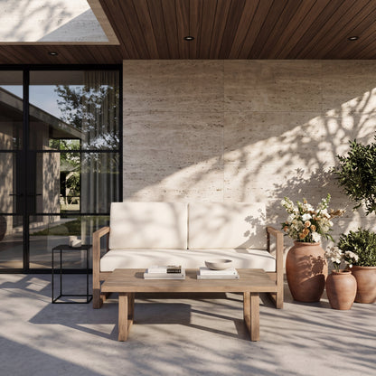 Outdoor Acacia Wood Loveseat and Coffee Table Set with Cushions by HouseOfZazla on a sunny patio on Tampa Home & Garden Store